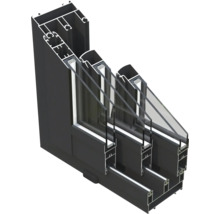 Coupe transversale d'un cadre de fenêtre en aluminium noir avec triple vitrage