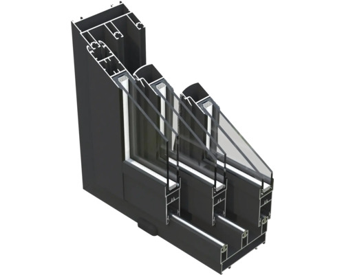 Coupe transversale d'un cadre de fenêtre en aluminium noir avec triple vitrage