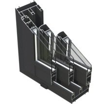 Coupe transversale d'un châssis de fenêtre en aluminium noir avec triple vitrage