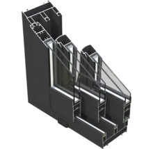 Vue en coupe d'un châssis de fenêtre en aluminium noir avec triple vitrage