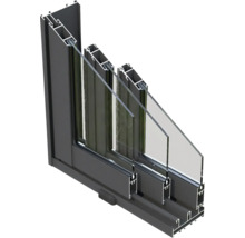 Schnittansicht eines Fensters mit Mehrfachverglasung und Rahmen