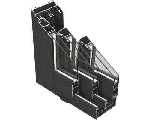 Coupe transversale d'une fenêtre à triple vitrage