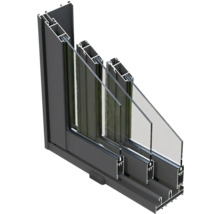 Querschnitt eines Fensters mit Rahmen und Dreifachverglasung