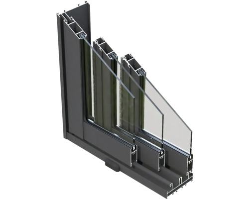 Querschnitt eines Fensters mit Rahmen und Dreifachverglasung