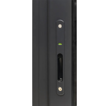 Vue détaillée d'une poignée de porte noire avec niveau à bulle intégré