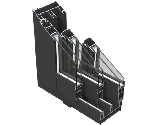 Schnittansicht eines Fensters mit Dreifachverglasung und Rahmenprofil.