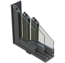 Vue en coupe d'une fenêtre coulissante avec cadre en aluminium et double vitrage