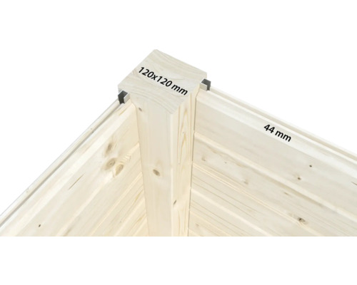 Eckverbindung eines Holzhauses mit den Maßen 120 x 120 mm und 44 mm