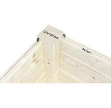 Vue détaillée d'un angle en bois avec des dimensions de 120x120 mm et 44 mm