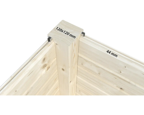 Vue détaillée d'un angle en bois avec des dimensions de 120x120 mm et une épaisseur de paroi de 44 mm.