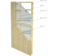 Querschnitt einer Holzfassade mit Windschutzfolie und verschiedenen Holzdimensionen