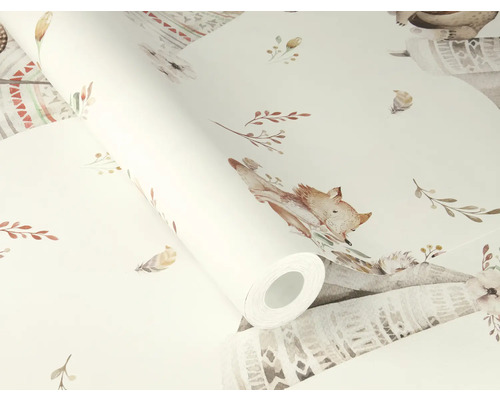 Rouleau de papier peint avec motif de renard, de plumes et de feuilles