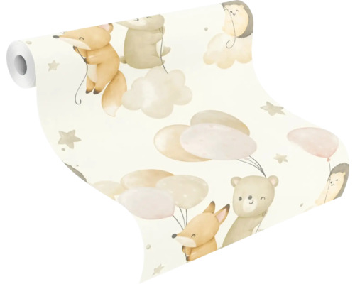 Rouleau de papier peint avec des motifs d'animaux forestiers et des ballons