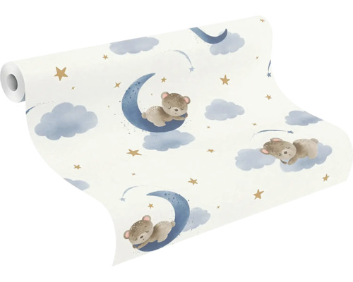 Rouleau de papier peint avec oursons, lunes, étoiles et nuages pour chambre d'enfant