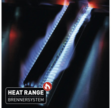 Brenner eines Grills mit blauer Flamme und Heat Range Brennersystem Logo