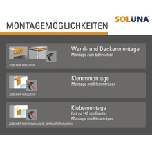 Montagearten für Soluna Produkte: Wand- und Deckenmontage, Klemmmontage, Klebemontage