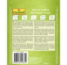 Emballage de mâche 'Verte de Cambrai' de la marque FloraSelf avec des informations sur les caractéristiques et la culture