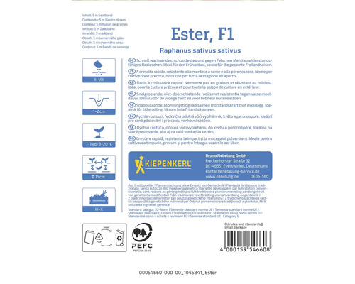 Ester F1 Radieschensamenpackung mit Informationen zu Aussaat, Wachstum und Ernte