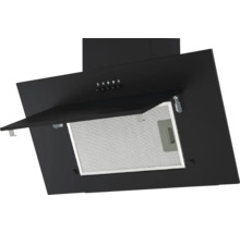 Schwarze Dunstabzugshaube mit Metallfilter und Bedienknöpfen.
