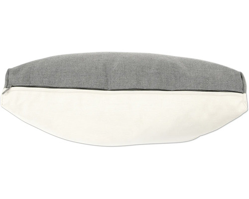Dekokissen mit Reißverschluss, grauer Oberseite und hellem Unterteil.