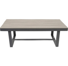 Rechteckiger Gartentisch mit Holzplatten und Metallbeinen.