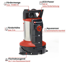 Einhell Logo Schmutzwasserpumpe mit Aquasensor und einer Fördermenge von maximal 19000 Liter pro Stunde