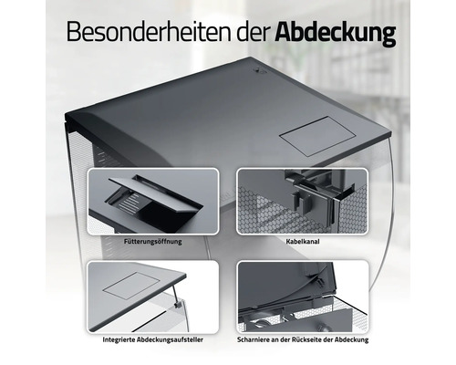 Aquariumabdeckung mit Futterklappe, Kabelführung, integriertem Aufsteller und Scharnieren