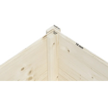 Vue détaillée d'un coin en bois avec les dimensions 16 mm, 16 x 45 mm et 28 x 28 mm.