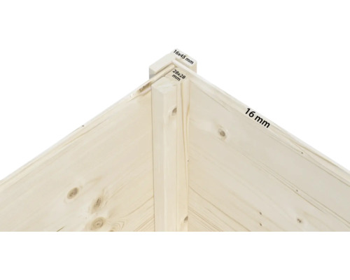 Vue détaillée d'un coin en bois avec les dimensions 16 mm, 16 x 45 mm et 28 x 28 mm.