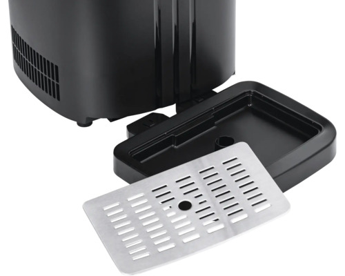 Detailansicht einer Kaffeemaschine mit abnehmbarer Tropfschale und Abtropfgitter