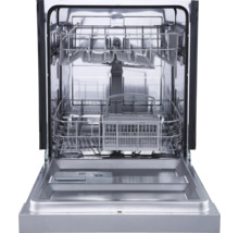 Lave-vaisselle ouvert avec paniers à vaisselle.