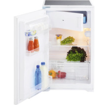 Réfrigérateur blanc avec porte ouverte et aliments