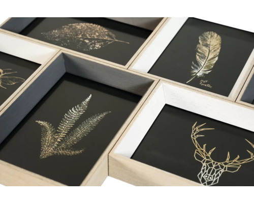 Cadre multiple avec illustrations de feuille, plume et cerf