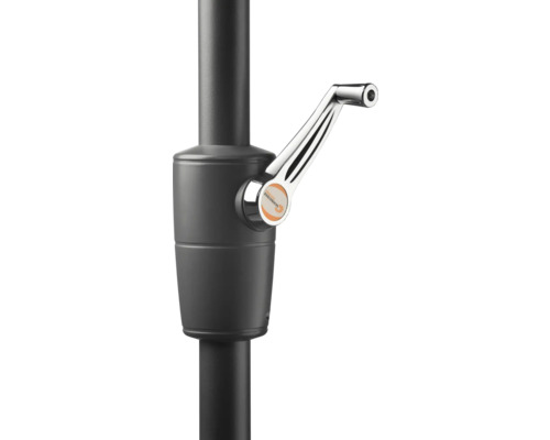 Details eines Sonnenschirmständers mit Kurbel und Schneider Logo