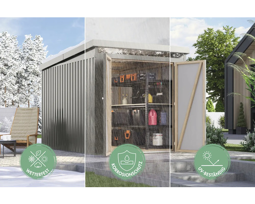 Armoire de jardin en métal avec les caractéristiques suivantes : résistant aux intempéries, protection contre la corrosion, résistant aux UV