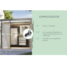 Double porte d'un abri de jardin avec des informations sur des détails tels que la couleur, la garniture, la serrure et le cadre