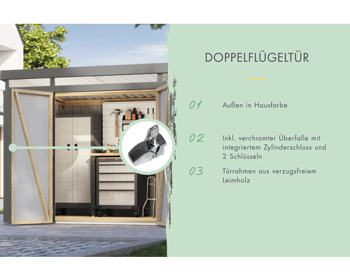 Double porte d'un abri de jardin avec des informations sur des détails tels que la couleur, la garniture, la serrure et le cadre