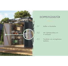 Armoire de jardin avec porte à double battant, serrure cylindrique et cadre de porte en bois lamellé-collé