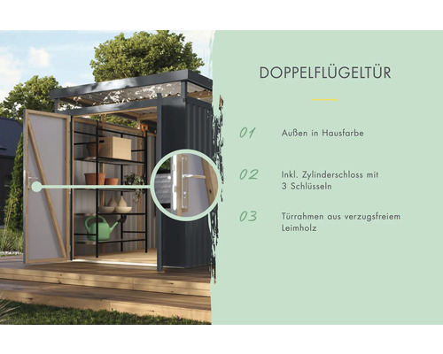 Armoire de jardin avec porte à double battant, serrure cylindrique et cadre de porte en bois lamellé-collé