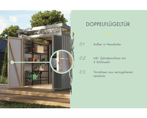 Double porte pour abri de jardin avec serrure à cylindre et trois clés