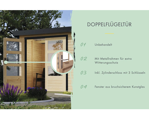 Doppelflügeltür für Gartenhaus, unbehandelt, mit Metallrahmen, Zylinderschloss und Kunstglasfenstern