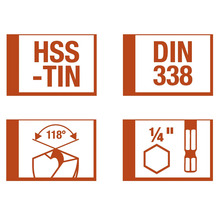 Symbole für HSS-TiN, DIN 338, 118 Grad und 1/4 Zoll