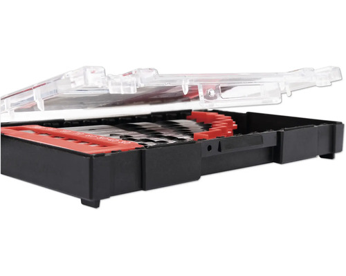 Bohrerset mit verschiedenen Bohrern in einem schwarzen Kunststoffkoffer mit transparentem Deckel.