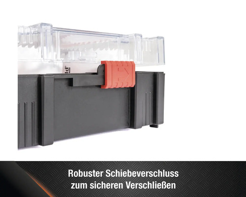 Detailansicht eines Werkzeugkoffers mit transparentem Deckel und Schiebeverschluss