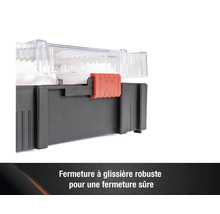 Boîte à outils avec fermeture coulissante pour une prise sûre