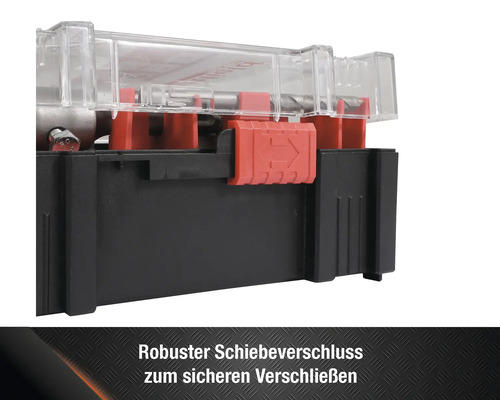 Detailaufnahme eines Bohrersets in einem Werkzeugkoffer mit transparentem Deckel und rotem Schiebeverschluss