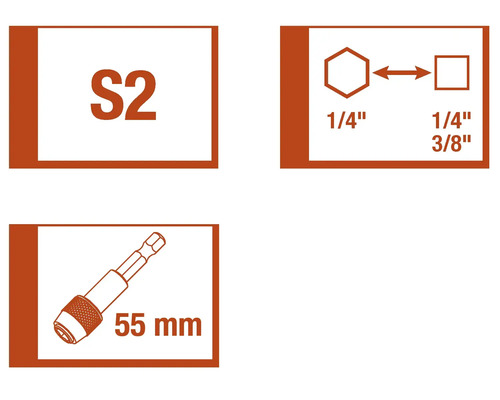 Informations sur l'embout de tournevis S2, 1/4 pouce et longueur 55 mm