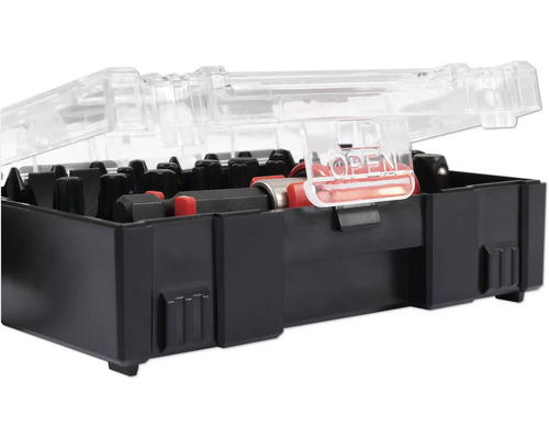 Jeu d'embouts dans un boîtier noir avec couvercle transparent