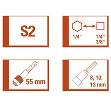 Informations sur l'acier S2, l'entraînement hexagonal de 1/4 de pouce, l'entraînement carré de 1/4 de pouce et de 3/8 de pouce, ainsi que le porte-embout de 55 millimètres de long et les douilles de 8, 10 et 13 millimètres