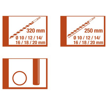 Informationen zu Holzbohrern mit den Maßen 320 mm und 250 mm sowie den Durchmessern 10, 12, 14, 16, 18 und 20 mm.